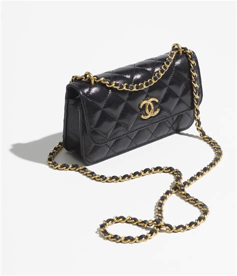 CHANEL Lambskin Quilted Flap Phone Holder With Chain Black 